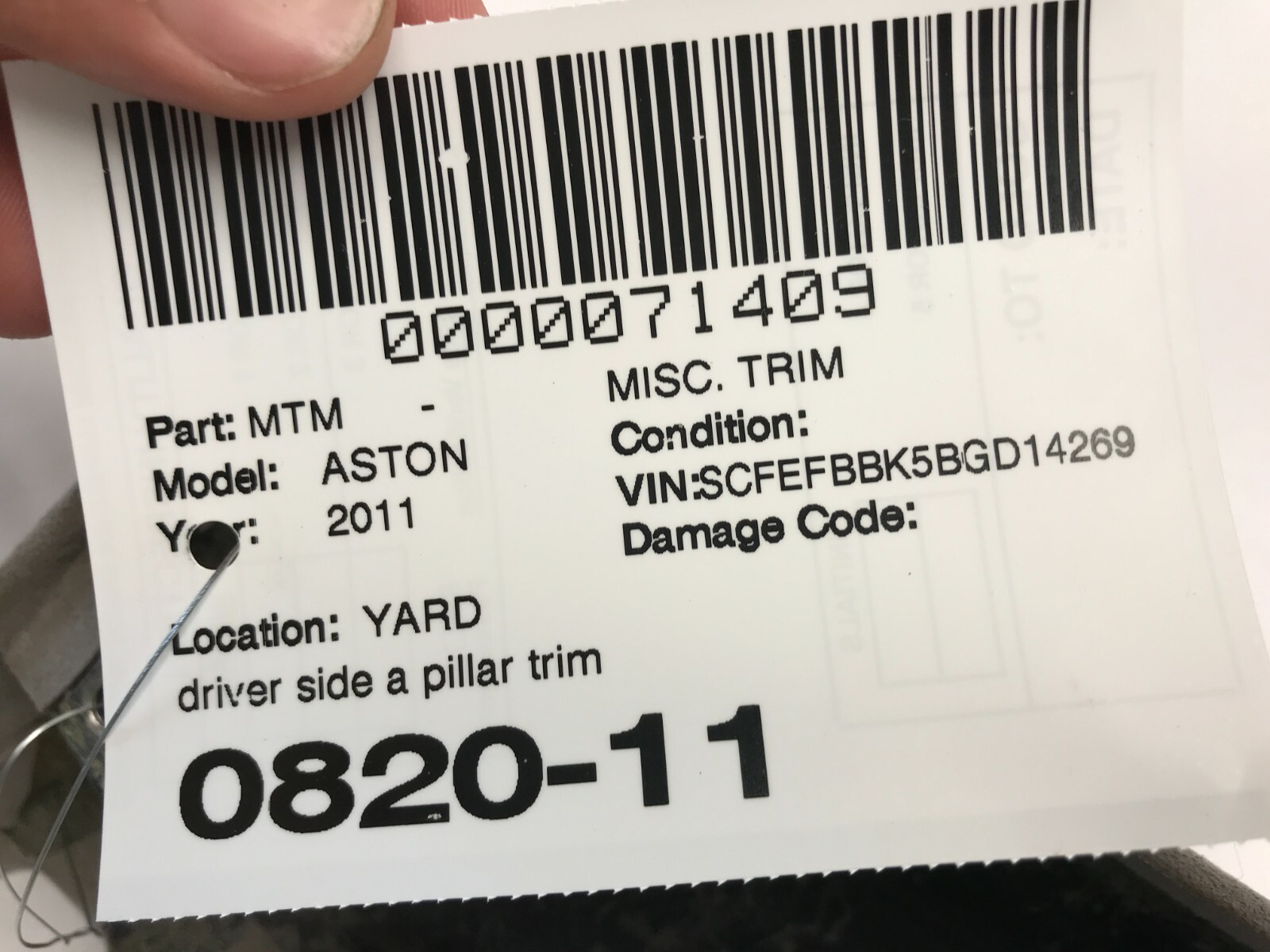 07-16 ASTON MARTIN V8 VANTAGE A PILLAR TRIM FRONT LEFT LH DRIVER OEM 