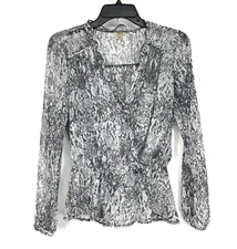 Guess Top Womens Size XS Gray Snake Print Sheer Long Sleeve V Neck Ruffle