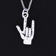 I LOVE YOU Sign Language Necklace - Pewter ASL Deaf Hand Signing Hearing Hands