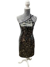 Express Women's 7/8 Black Sequin Asymmetric  Halter Dress, Sequin Cocktail Dress