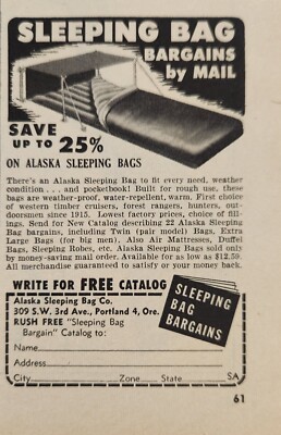 1951 Print Ad Alaska Sleeping Bags Made in Portland,Oregon