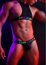 🌈❤️ 2-Piece Set Crop Top & Briefs Black Stretchy Rave Rainbow LOVE Festival XL