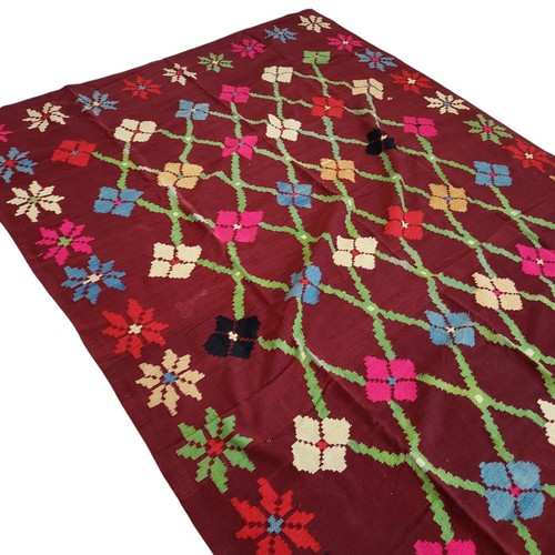 Vintage Moroccan Rug Handmade Fringe Maroon Wool Geometric Floral Design Carpet - Picture 21 of 24