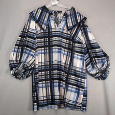 Eloquii Blue Plaid Boho Shift Dress Sz 16 Puff Sleeve, Peter Pan Ruffle Collar