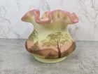 Vintage Fenton Burmese Uranium Glass Ruffled Vase Handpainted UV Gloria Finn