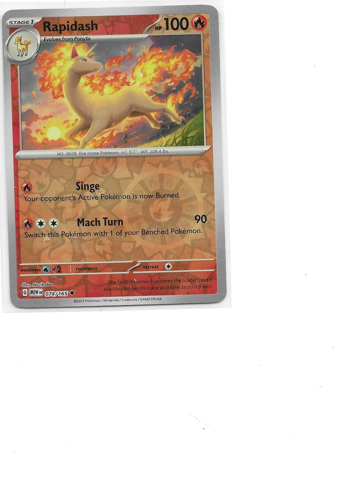 RAPIDASH 078/165 151 POKEMON ENGLISH (REVERSE HOLO, NM)