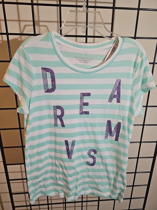 NWT VICTORIA'S SECRET S WHITE AQUA STRIPE PURPLE GLITTER DREAM CREW TEE SHIRT