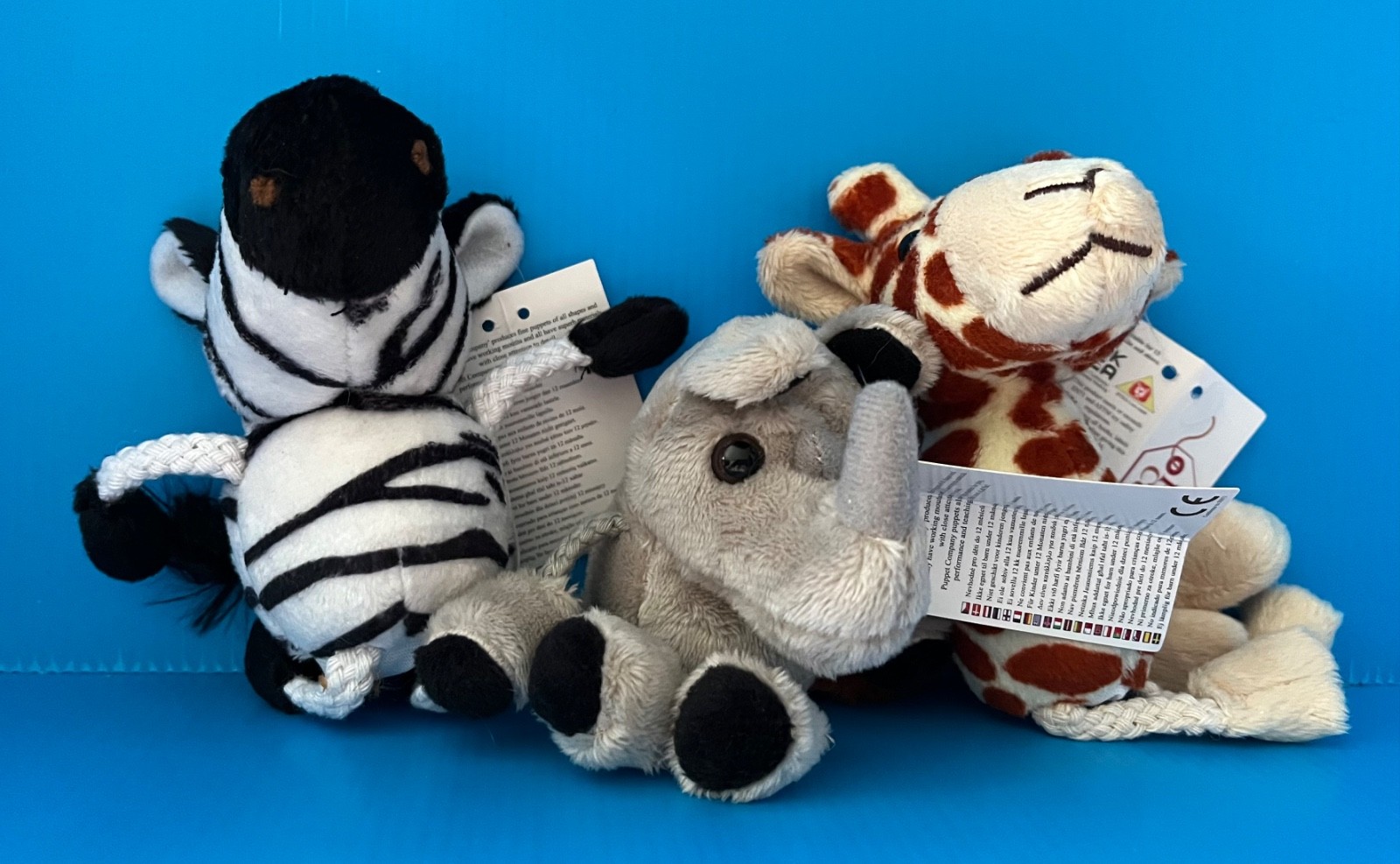 The Puppet Company 3 FINGER PUPPETS GIRAFFE, ZEBRA AND RHINO NEW WITH TAG