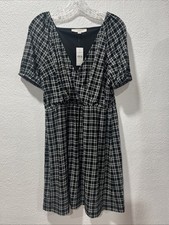 Loft Faux Wrap Dress Size Medium Black White Plaid Knee Length Puff Sleeve
