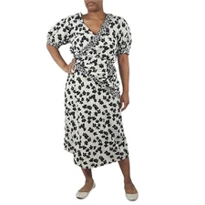 Love Whit by Whitney Port Floral Black and White Puff Sleeve Midi Wrap Dress