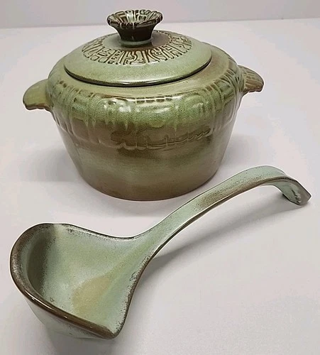 Prairie Green FRANKOMA 3 Piece Casserole Baker Bean Pot 2.75 Qt Lid & Ladle Rare