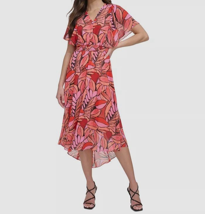 DKNY Women's Pink Printed Batwing-Sleeve MIDI Dress : 4
