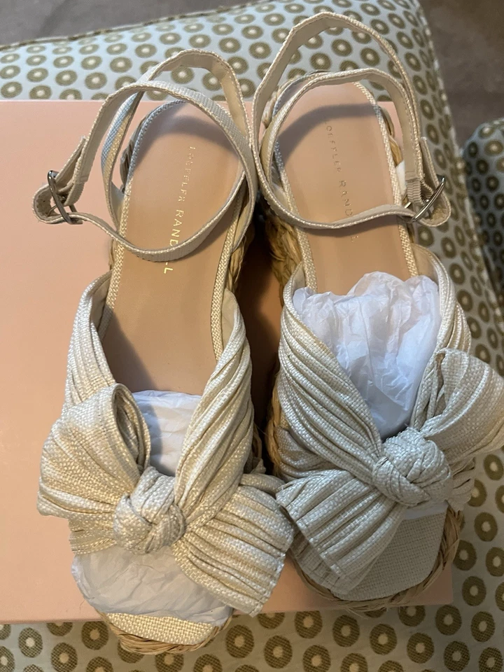 Loeffler Randall Wedges Espadrille Sandals Natural White Bow Size 9:5 - Image 2 of 4