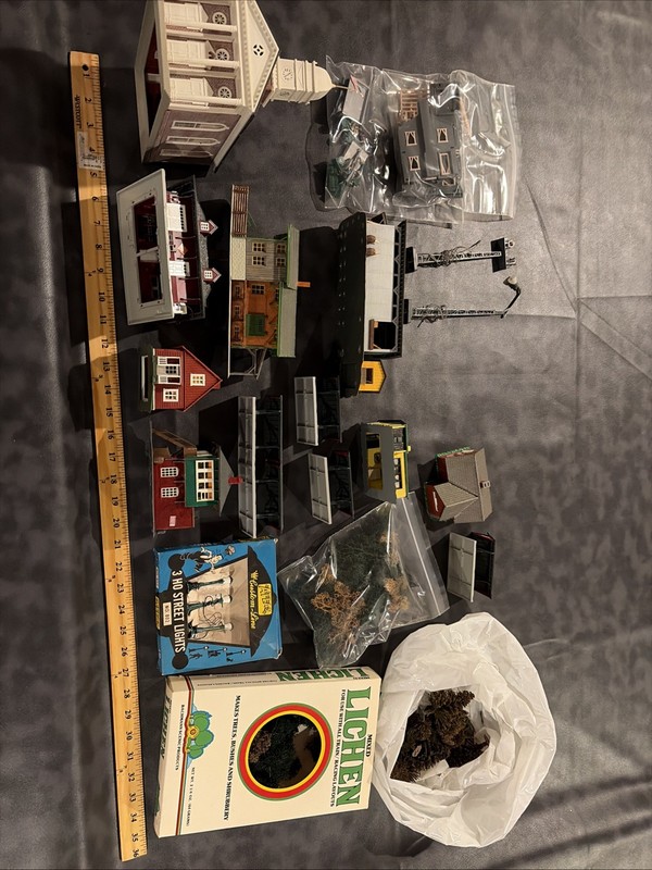 Large Lot Vintage Model Train Stuctured Homes Trees Lights Etc
