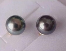 AAA+9-10mm black Tahitian pearl earrings 14kp...