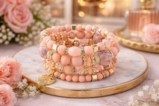 4Pcs Bohemian Pink Glass Beaded Bracelet Set Heart Pendant Multi-Layer...