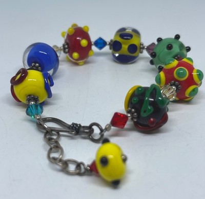 Vibrant Bumpy Glass Bracelet Lampwork Bead Handmade Artisan Colorful Silver Tone