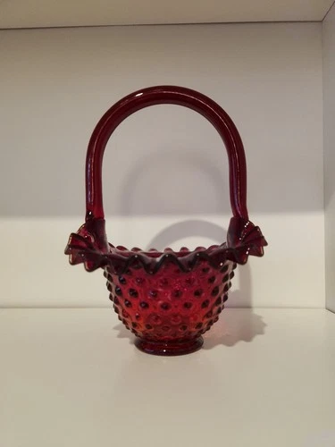 Vintage Fenton Hobnail Ruby Red Amberina Glass Basket 7.5" Tall