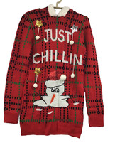 Junior Women's Red Just Chilling Snowman Hoodie Christmas Holiday Sweater M 7-9