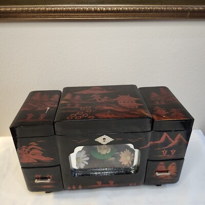 Vintage 1950's Jewelry Box Black Lacquer Asian Music Dancing Girl
