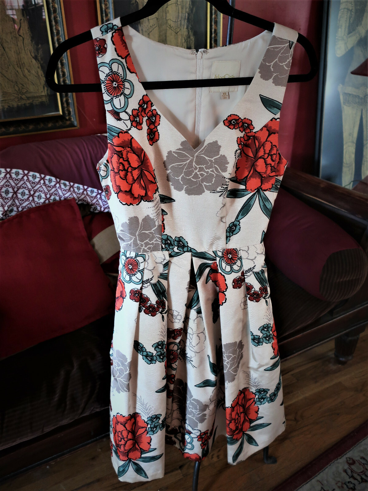 Shimmery ivory Modcloth party dress with red flowers XS Shimmery ivory Modcloth party dress with red flowers XS