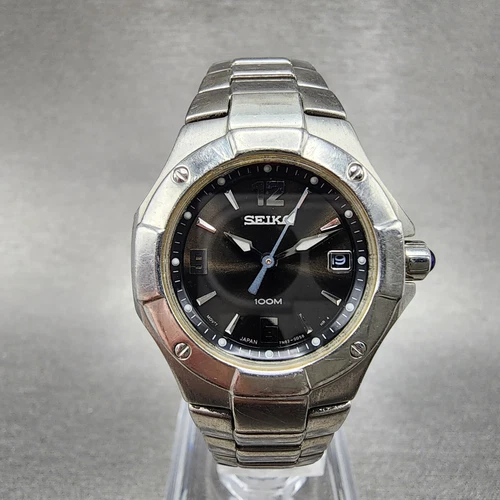 Seiko Watch Women 26mm Black Dial Silver Tone Date Round 7N82-0BE0 New Battery
