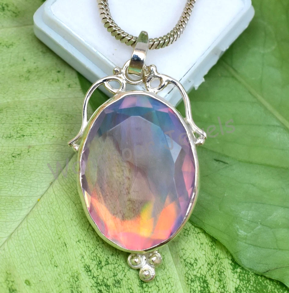 Raro 43.85 KT Aurora Opale Ovale 925 Pendente Argento Sterling Fatto a Mano - Immagine 4 di 4