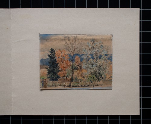 Landschaft Bäume Berge Herbst Kunst Frankreich unleserlich sign Aquarell 1870 - Bild 4 von 4