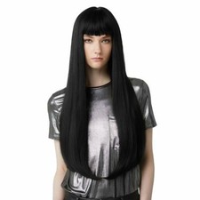 Peluca larga recta negra barata con flequillo pelo sintético para mujer pelucas cosplay
