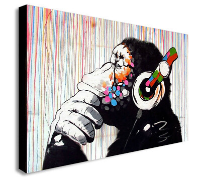 BANKSY - DJ Affe Schimpanse - Regenbogen Regen Leinwand Wandbild Gerahmter Druck.