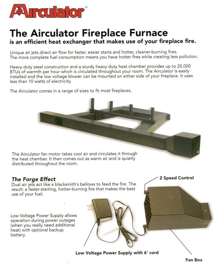 Airculator Masonry Wood Fireplace Blower Heat Exchanger Add 20K Btu's HE13901