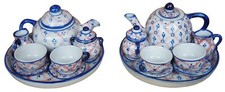 2 Vtg Miniature Dollhouse Blue Pink Porcelain Tea Coffee Sets Pitcher Cup Tray 4