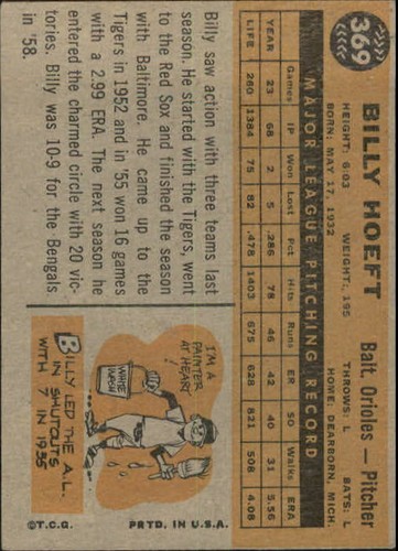 1960 Topps #369 Billy hoeft ORIOLES VG/EX G55760 - VG-EX | eBay