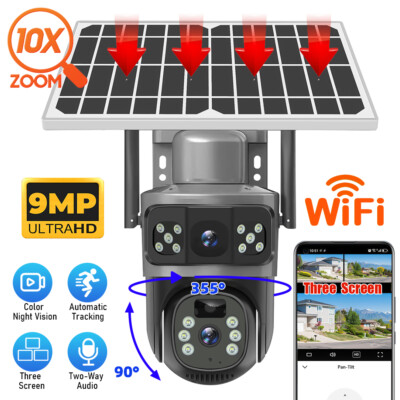 9MP 2K Wireless Solar Camera Outdoor Dual Lens WiFi 1080P IP CCTV Security PIR