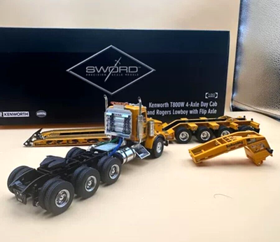 Sword 1:50 Kenworth T800W Rogers 4-Axle Flip Lowboy Yellow #SW3102