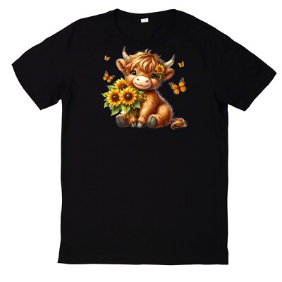 Highland Cow Sunflower Print Cotton T-Shirt