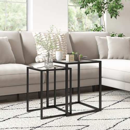 Nesting Tables Set of 2, Side End Table with Tempered Glass Top, Black - Picture 6 of 11