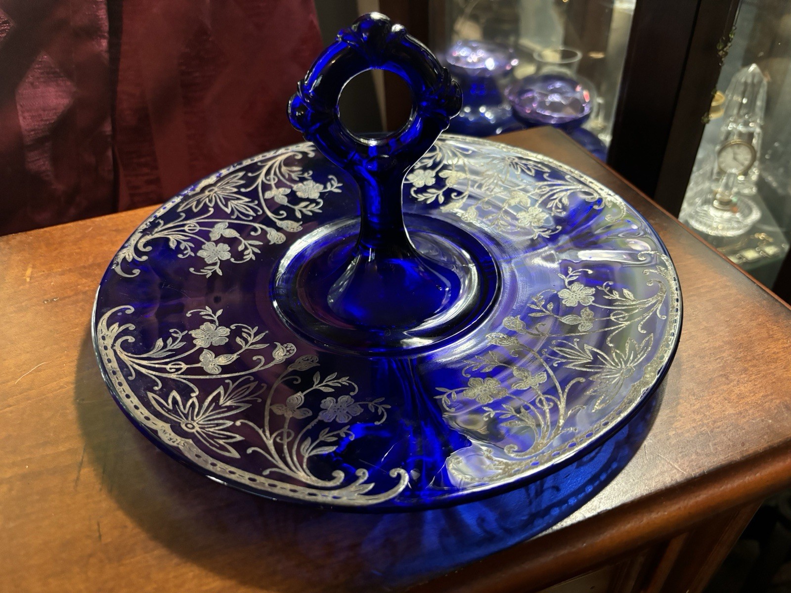 Vintage Colbalt Blue W/Sterling Overlay 10.5” Handled Tidbit Serving Platter