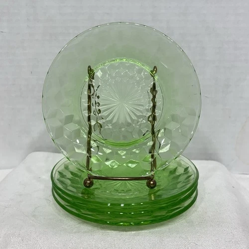 VTG Jeannette 5” Green Cubist Depression Uranium Glass Set Of 4 Saucers Glows