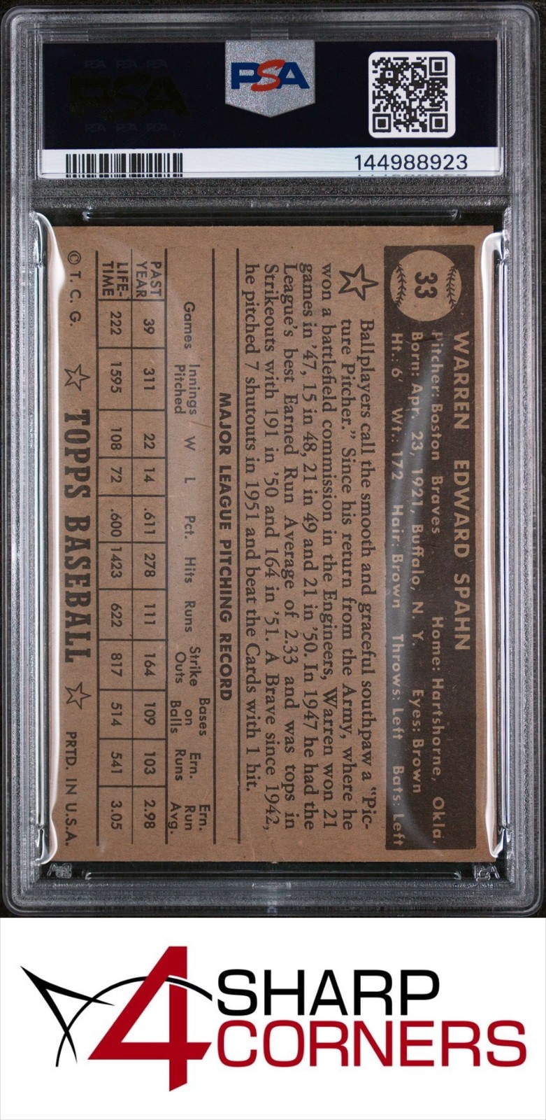 1952 TOPPS #33 WARREN SPAHN BRAVES HOF BLACK BACK PSA 2 view 2