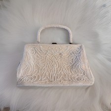 Vintage White Beaded Evening Bag Purse Clutch Top Handle Art Deco Bridal Elegant