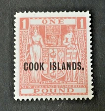 1943-54 COOK ISLANDS, Stanley Gibbons No. 134 1 Pound Rose Mint Hinged