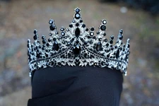 Silver Metal Tiered Black Crystal Tiara Bridal Goth Crown Birthday Wedding Gift