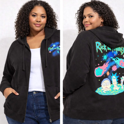 Torrid Rick & Morty Hoodie 2X Zip Black Graphic Adult Swim NWT Soft Cozy Pocket