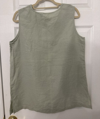 Linden Hill Green Linen Woven Zip Tank Top Women's Size L Solid Round Neck