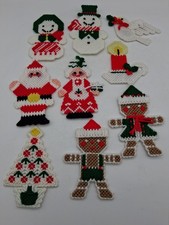 9 Christmas Ornaments Plastic Canvas Patterns Magnets Santa Tree Snowmen Dove