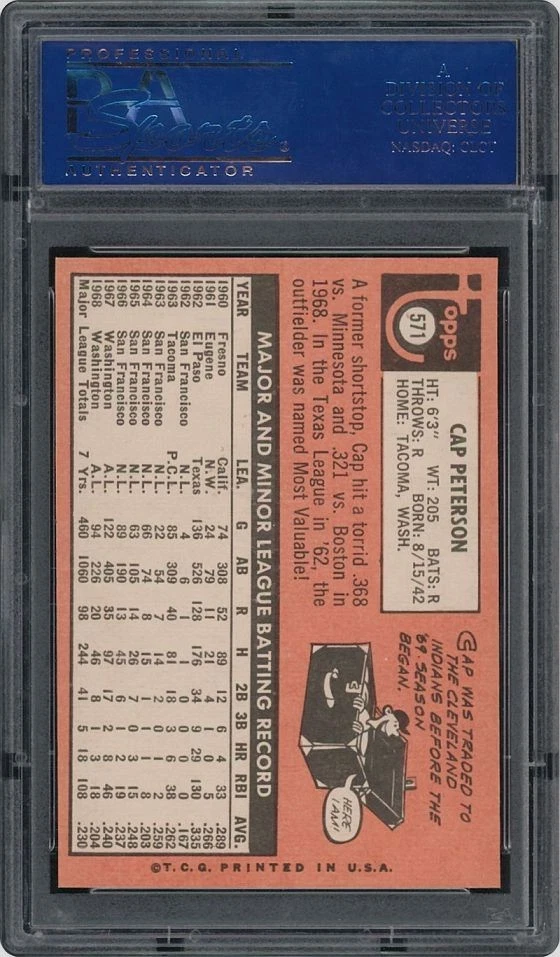 1969 Topps #571 Cap Peterson PSA 10 GEM MINT Pop 8 Indians Giants FREE SHIP! - Image 2 of 2