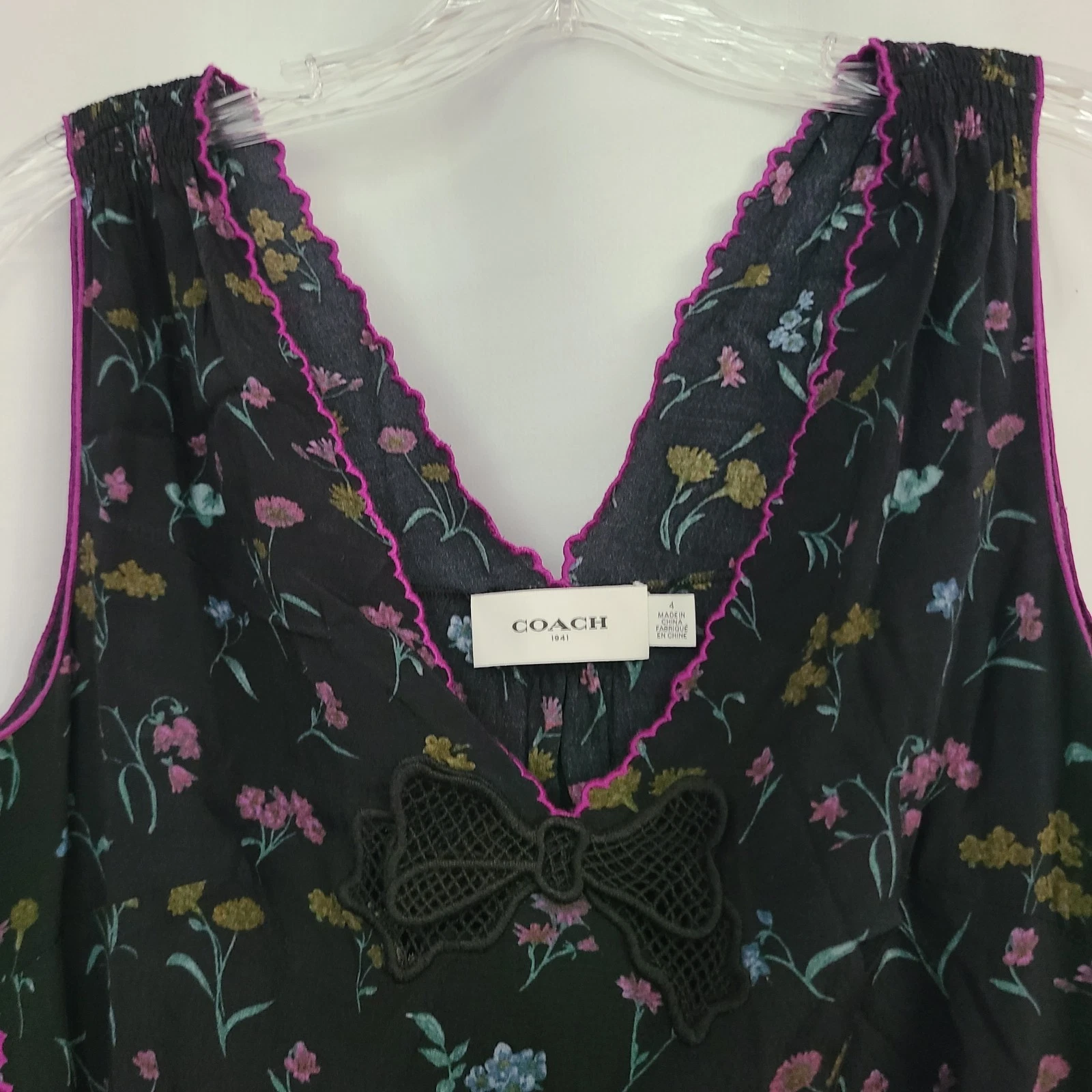 Abito romantico scuro Coach 1941 taglia 4 nero viola fiori selvatici bordo fiocco tasche