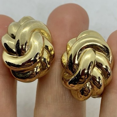 Vtg Ciner Signed Shiny Goldtone Knot Chunky Huggie Earrings Clip Statement Big
