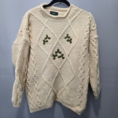 Emerald Isle Sweater Ireland Wool Cream Shamrock Size S Cable Knit